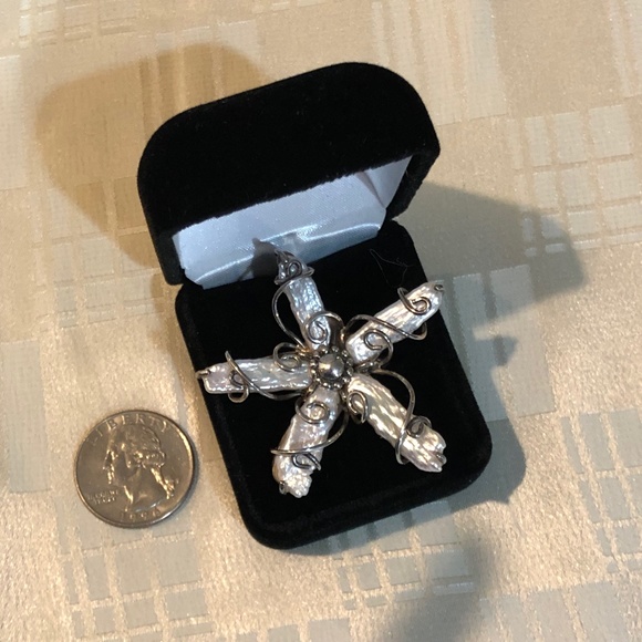 Huge Biwa Pearl Sterling Silver Flower Cocktail Ring  / Israeli Artist - sz 7